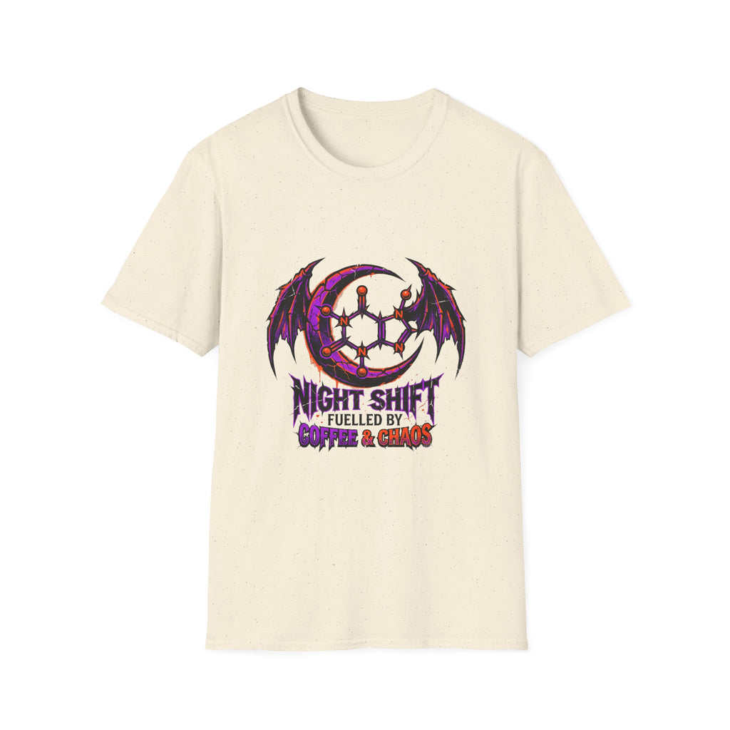 Night Shift Fueled by Caffeine & Chaos T-Shirt – Gothic Coffee Tee