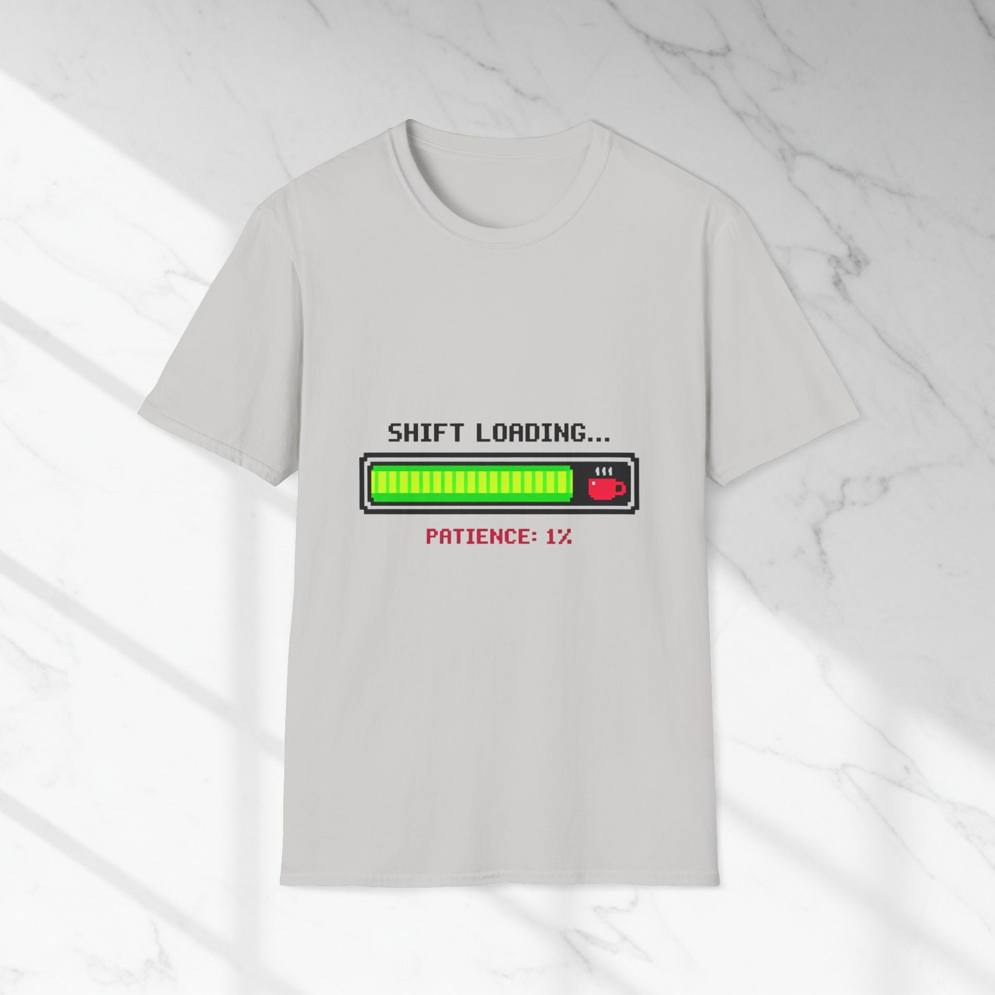 White t-shirt with a graphic design on a marble background