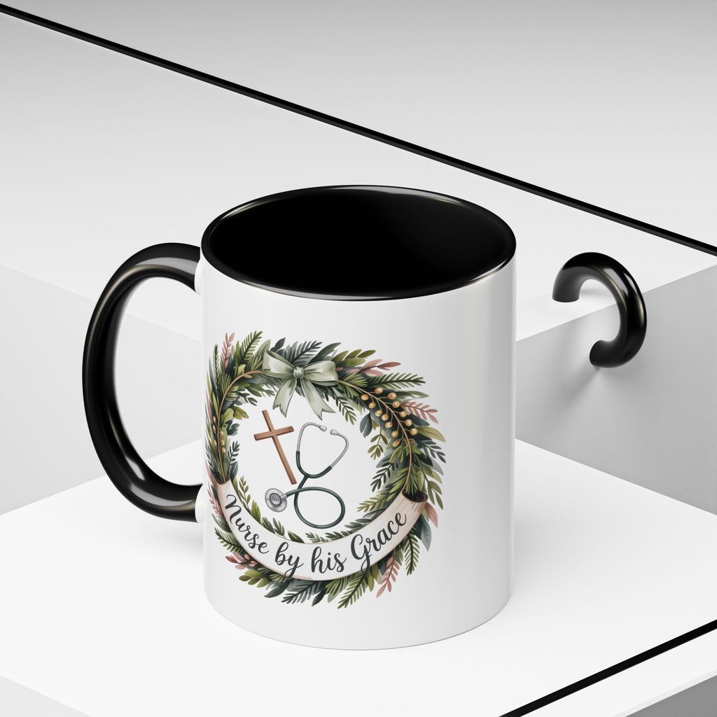 Nurse by His Grace Mug – Christian Nurse Coffee Cup with Floral Wreath (11oz/15oz)
