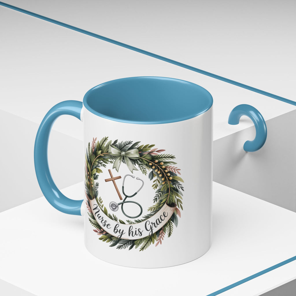 Nurse by His Grace Mug – Christian Nurse Coffee Cup with Floral Wreath (11oz/15oz)