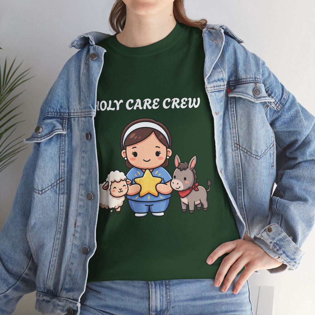 Holy Care Crew T-Shirt – Cute Nativity Tee with Lamb & Donkey