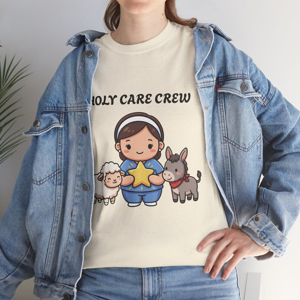 Holy Care Crew T-Shirt – Cute Nativity Tee with Lamb & Donkey