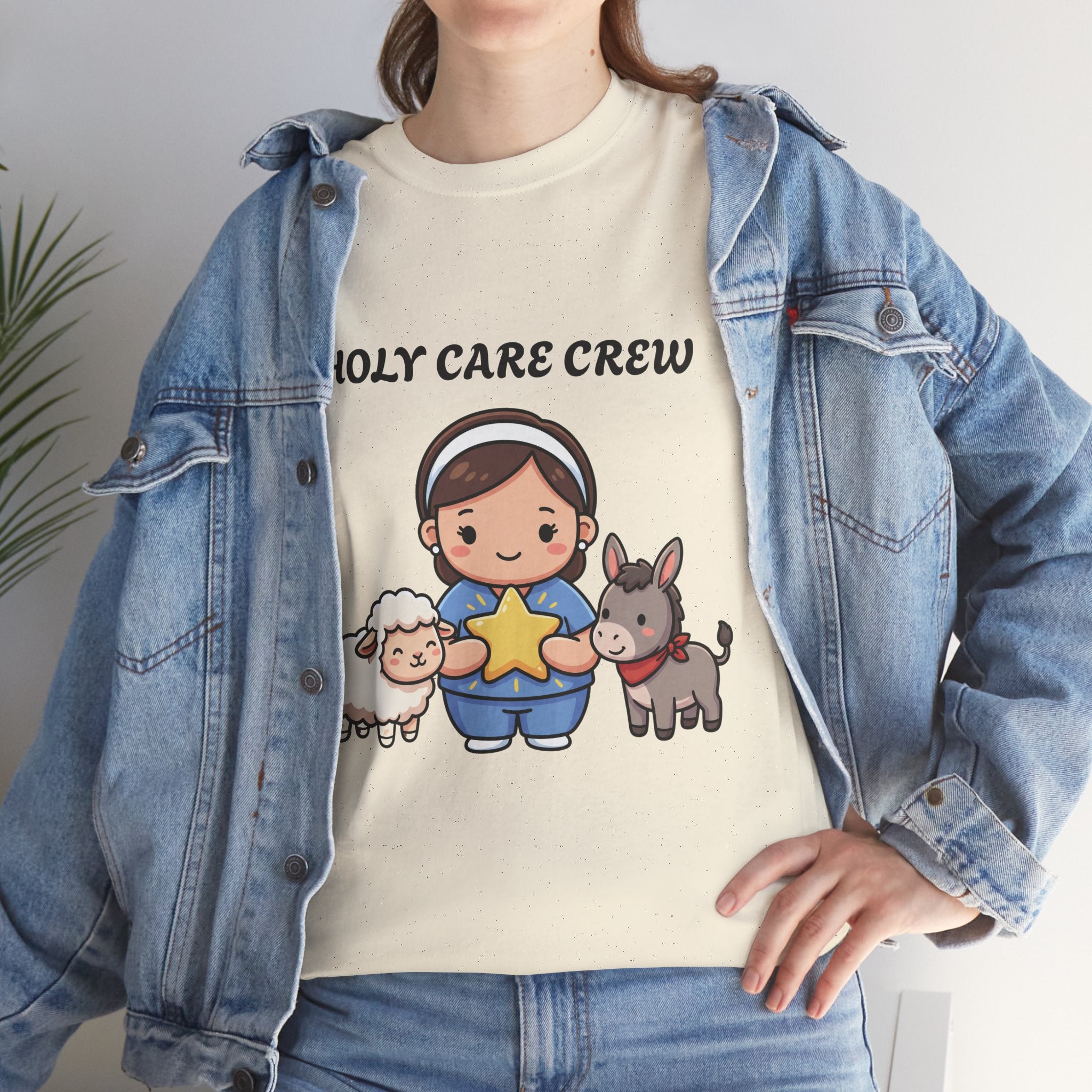 Holy Care Crew T-Shirt – Cute Nativity Tee with Lamb & Donkey