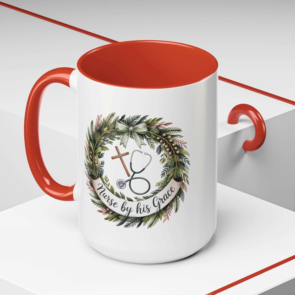 Nurse by His Grace Mug – Christian Nurse Coffee Cup with Floral Wreath (11oz/15oz)