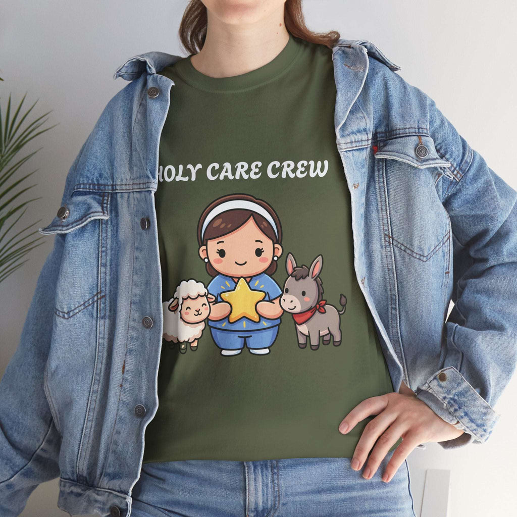 Holy Care Crew T-Shirt – Cute Nativity Tee with Lamb & Donkey