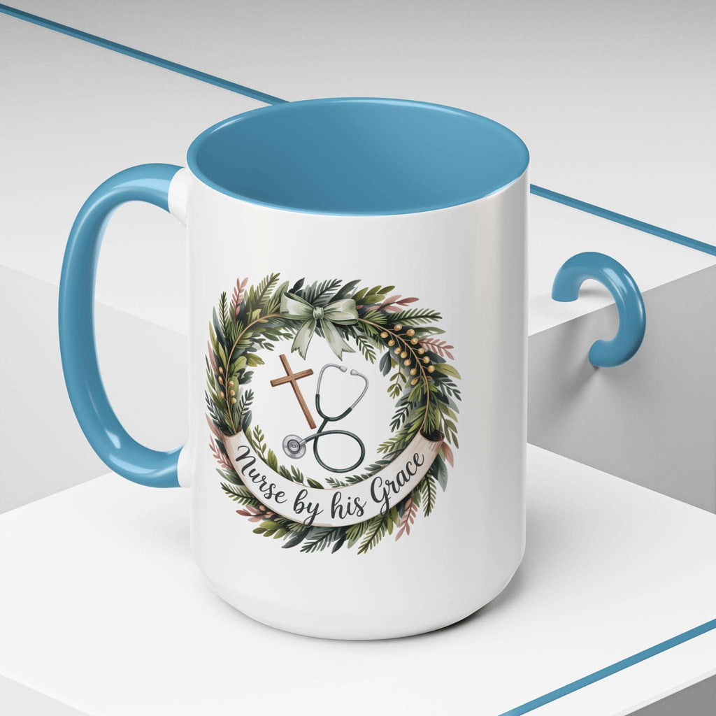 Nurse by His Grace Mug – Christian Nurse Coffee Cup with Floral Wreath (11oz/15oz)