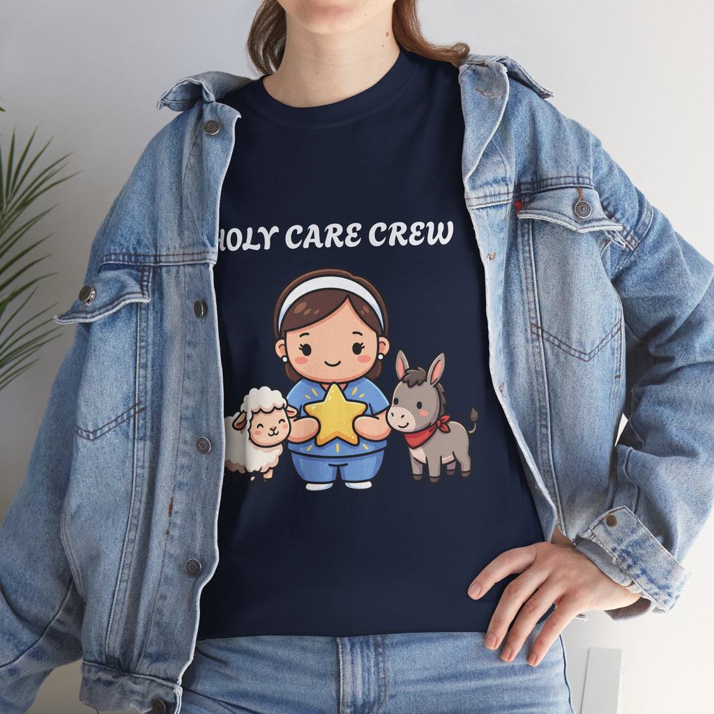 Holy Care Crew T-Shirt – Cute Nativity Tee with Lamb & Donkey