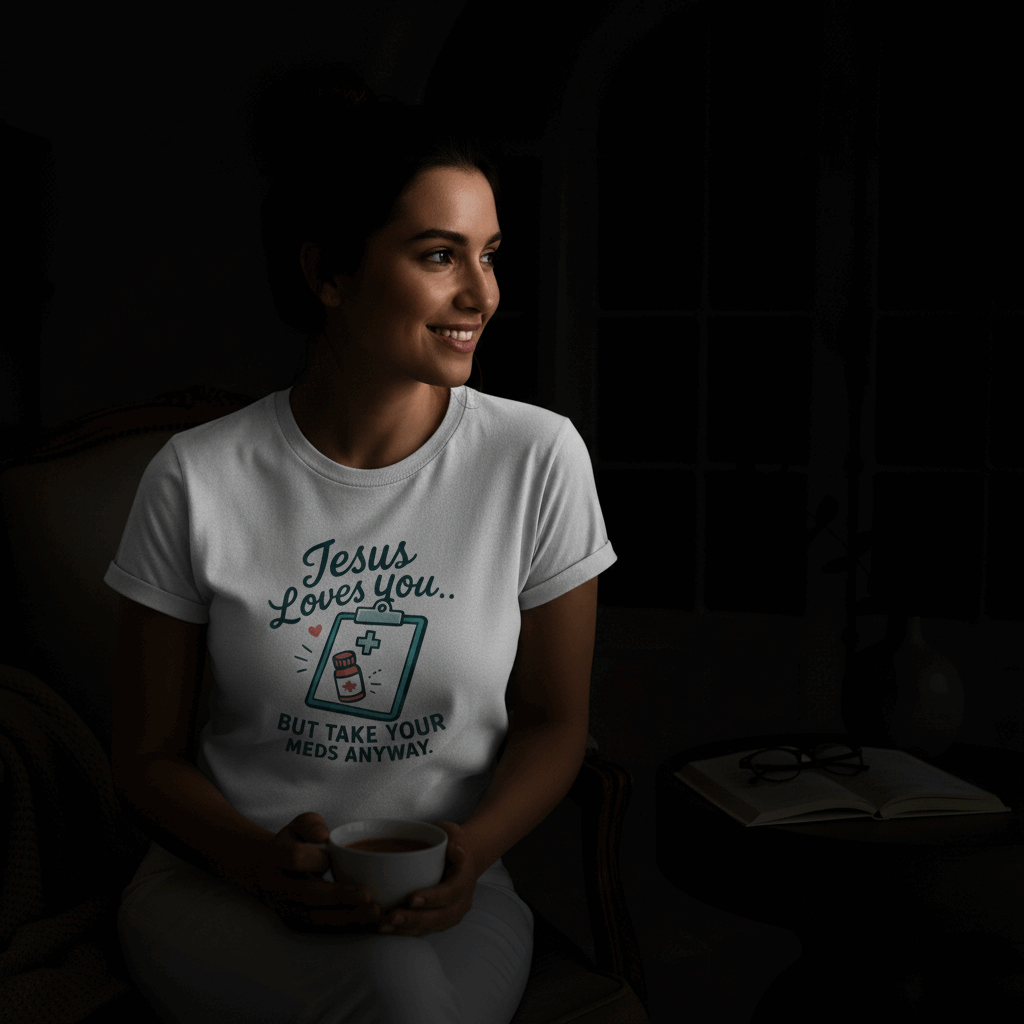 Jesus Loves You But Take Your Meds Anyway T-Shirt – Funny Christian Mental Health Tee