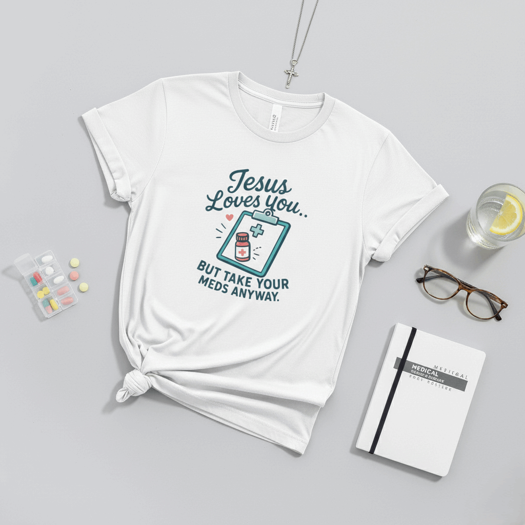 Jesus Loves You But Take Your Meds Anyway T-Shirt – Funny Christian Mental Health Tee