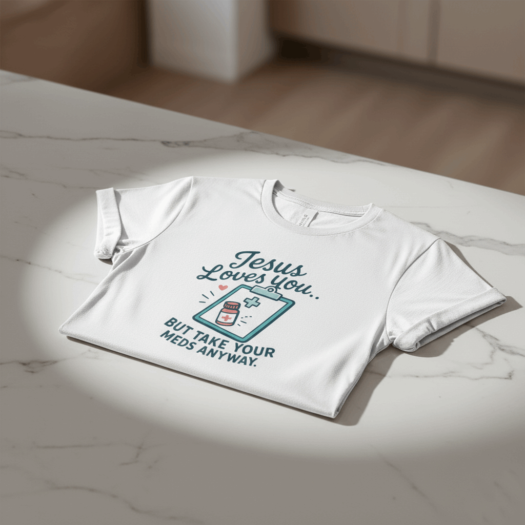 Jesus Loves You But Take Your Meds Anyway T-Shirt – Funny Christian Mental Health Tee