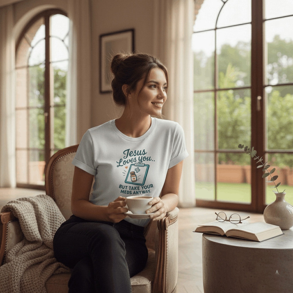 Jesus Loves You But Take Your Meds Anyway T-Shirt – Funny Christian Mental Health Tee