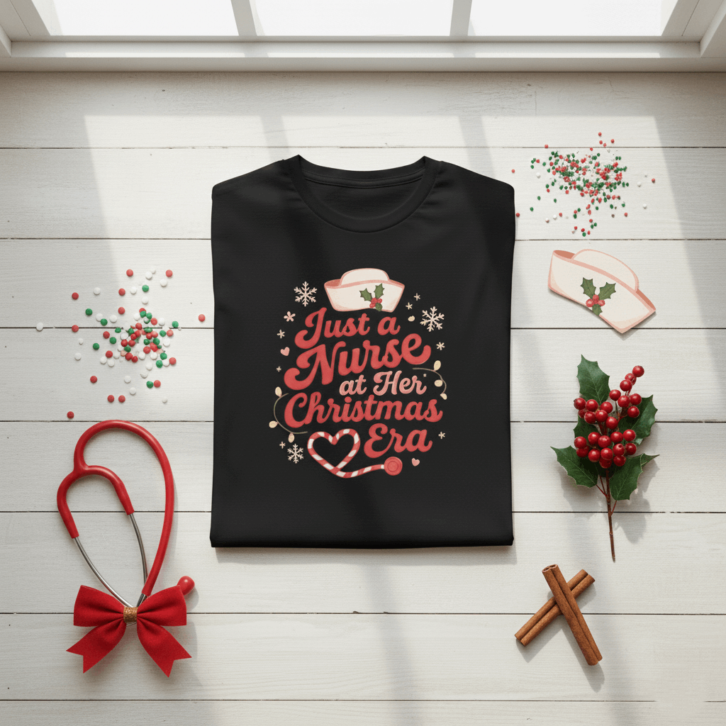 Just a Nurse at Her Christmas Era T-Shirt – Funny Holiday Nursing Tee