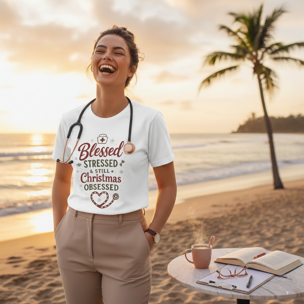 Blessed Stressed & Still Christmas Obsessed T-Shirt – Funny Nurse Holiday Tee