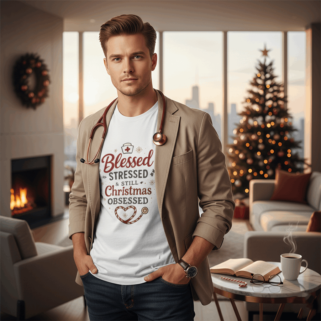 Blessed Stressed & Still Christmas Obsessed T-Shirt – Funny Nurse Holiday Tee