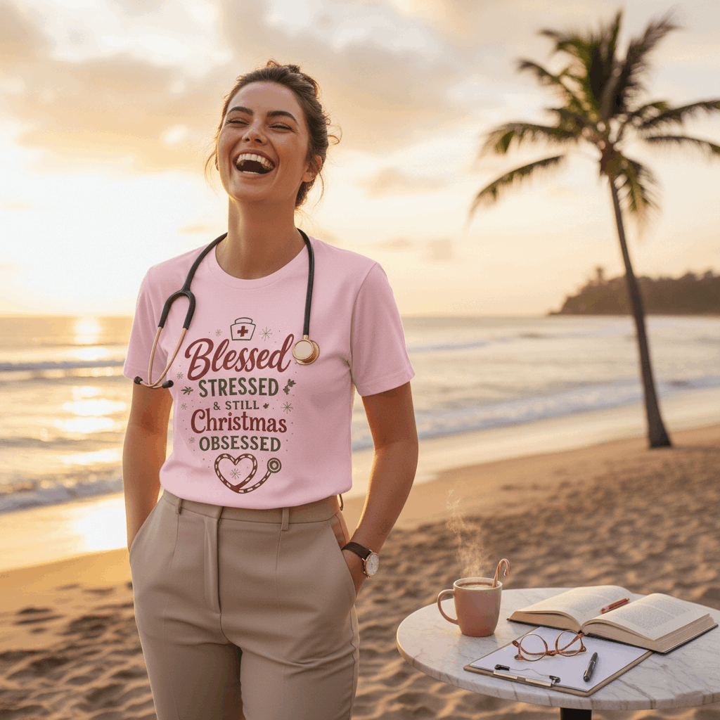 Blessed Stressed & Still Christmas Obsessed T-Shirt – Funny Nurse Holiday Tee