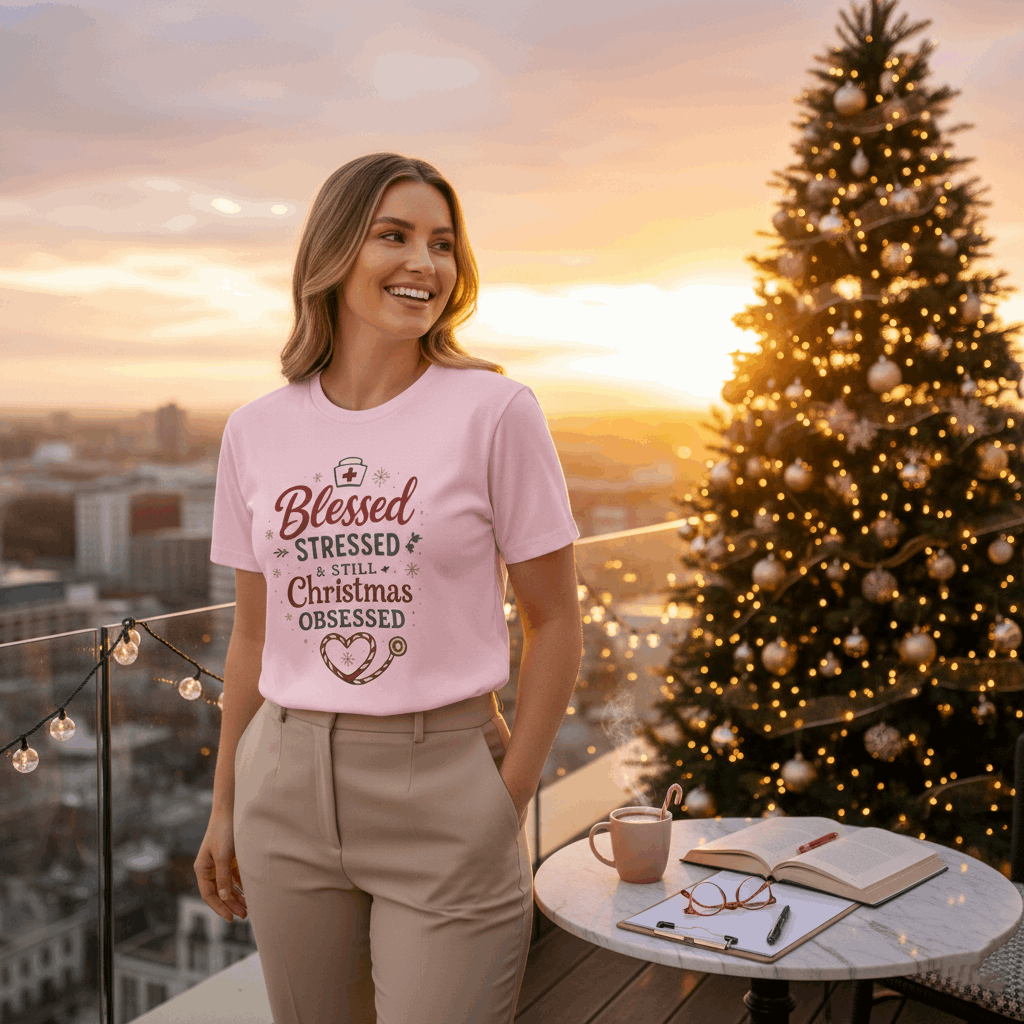 Blessed Stressed & Still Christmas Obsessed T-Shirt – Funny Nurse Holiday Tee