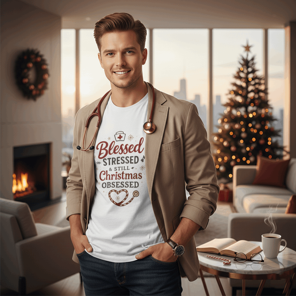 Blessed Stressed & Still Christmas Obsessed T-Shirt – Funny Nurse Holiday Tee