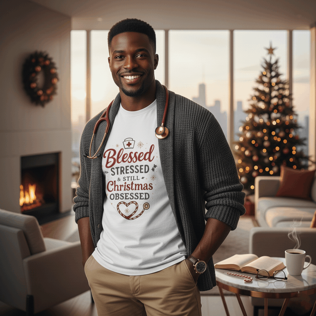 Blessed Stressed & Still Christmas Obsessed T-Shirt – Funny Nurse Holiday Tee