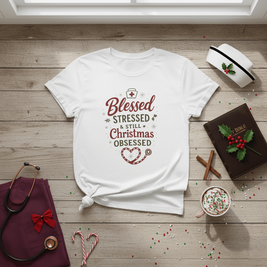 Blessed Stressed & Still Christmas Obsessed T-Shirt – Funny Nurse Holiday Tee