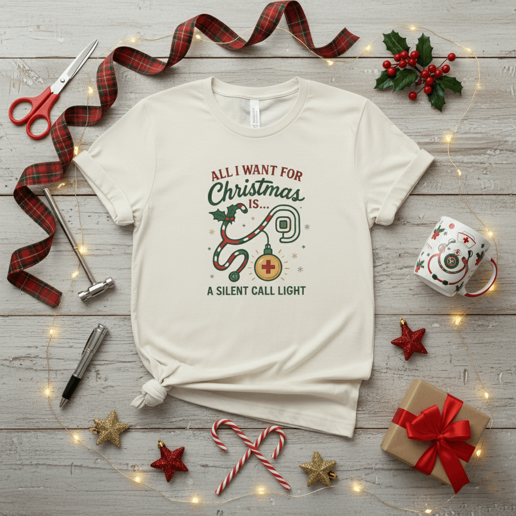 All I Want for Christmas Is a Silent Call Light T-Shirt – Funny Nurse Tee