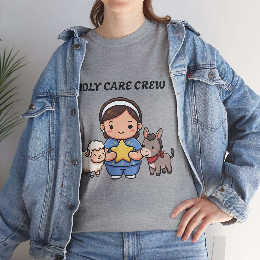Holy Care Crew T-Shirt – Cute Nativity Tee with Lamb & Donkey