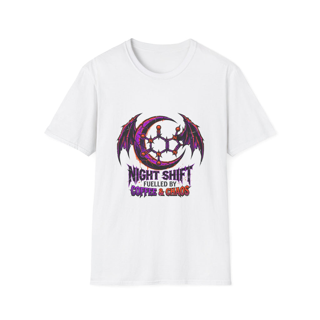 White t-shirt with a graphic design featuring a dragon and text on a white background