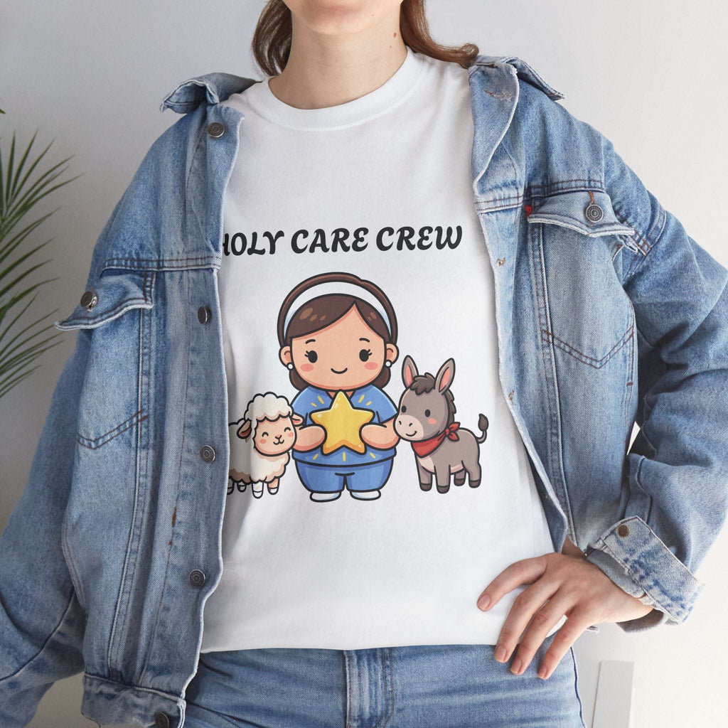 Holy Care Crew T-Shirt – Cute Nativity Tee with Lamb & Donkey