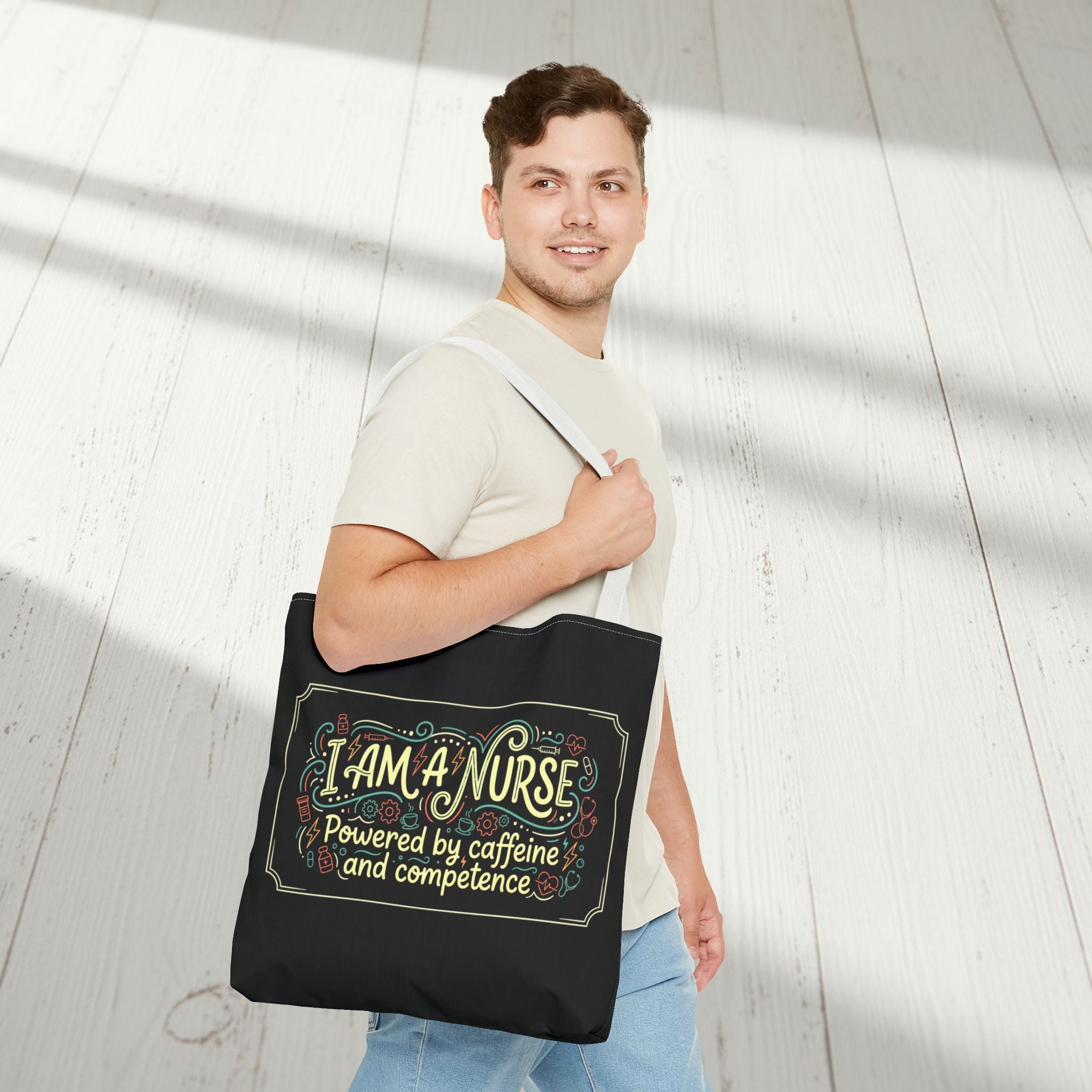 Nurse Tote Bag – Powered by Caffeine and Competence Canvas Shopper