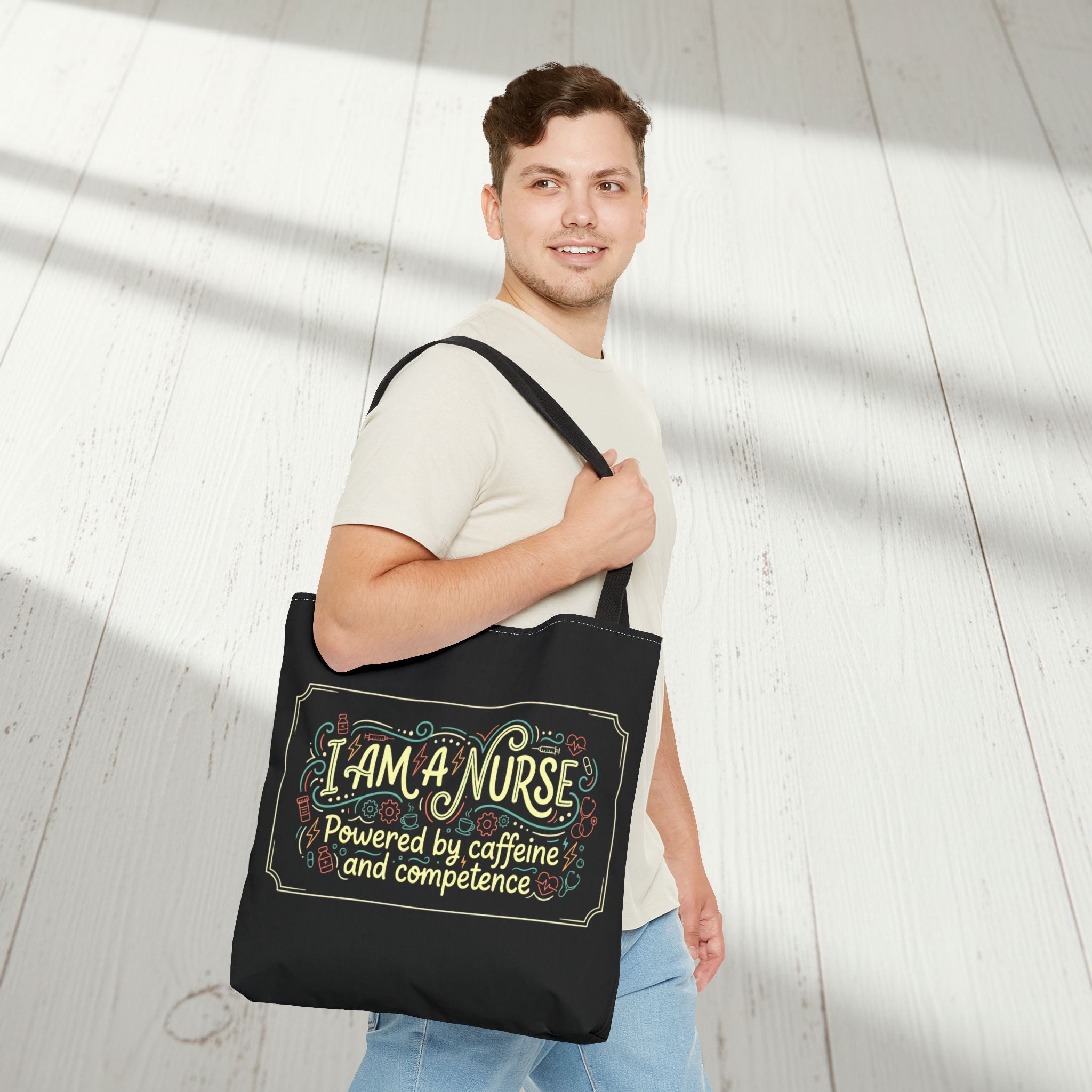 Nurse Tote Bag – Powered by Caffeine and Competence Canvas Shopper