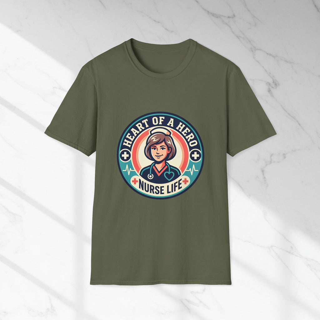 Green t-shirt with a graphic design featuring a nurse on a white marble background