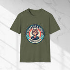Green t-shirt with a graphic design featuring a nurse on a white marble background