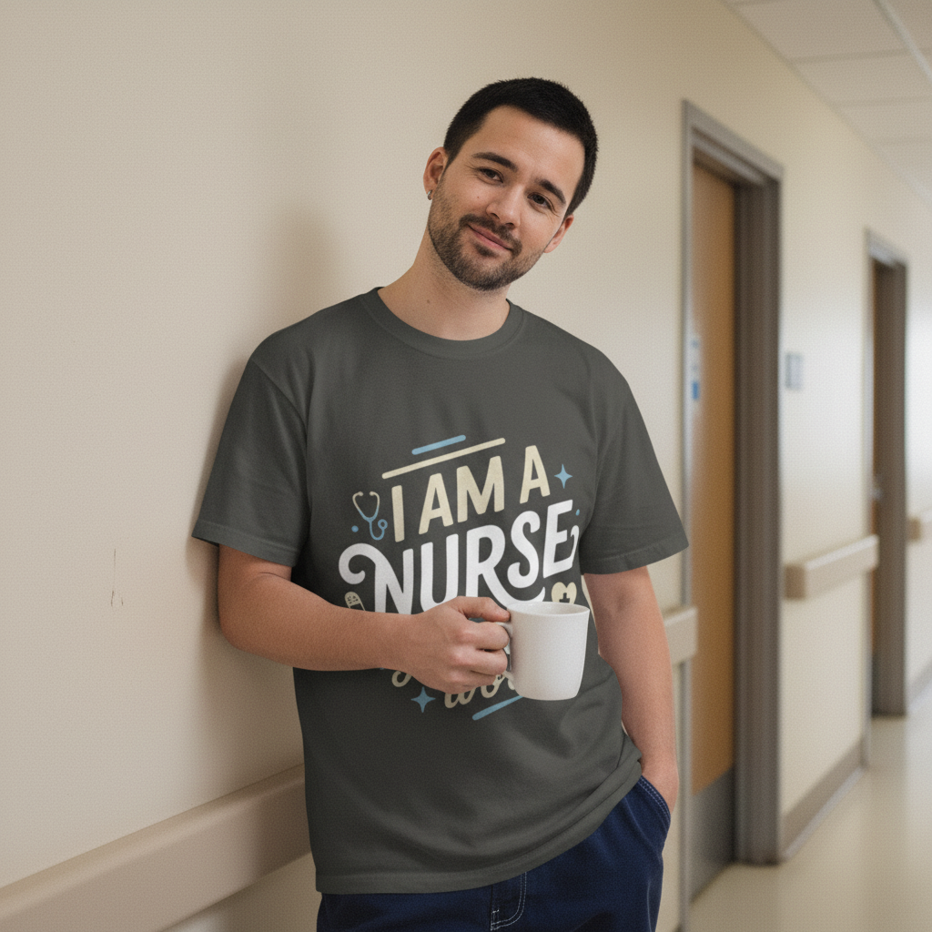 Authentic break moment with tired but amused expression and coffee