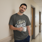 Authentic break moment with tired but amused expression and coffee