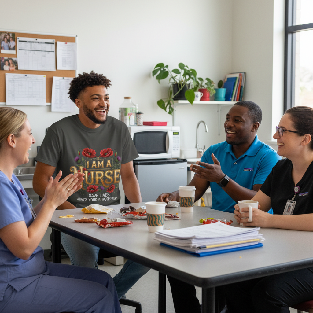 Authentic break room moment with nursing team camaraderie