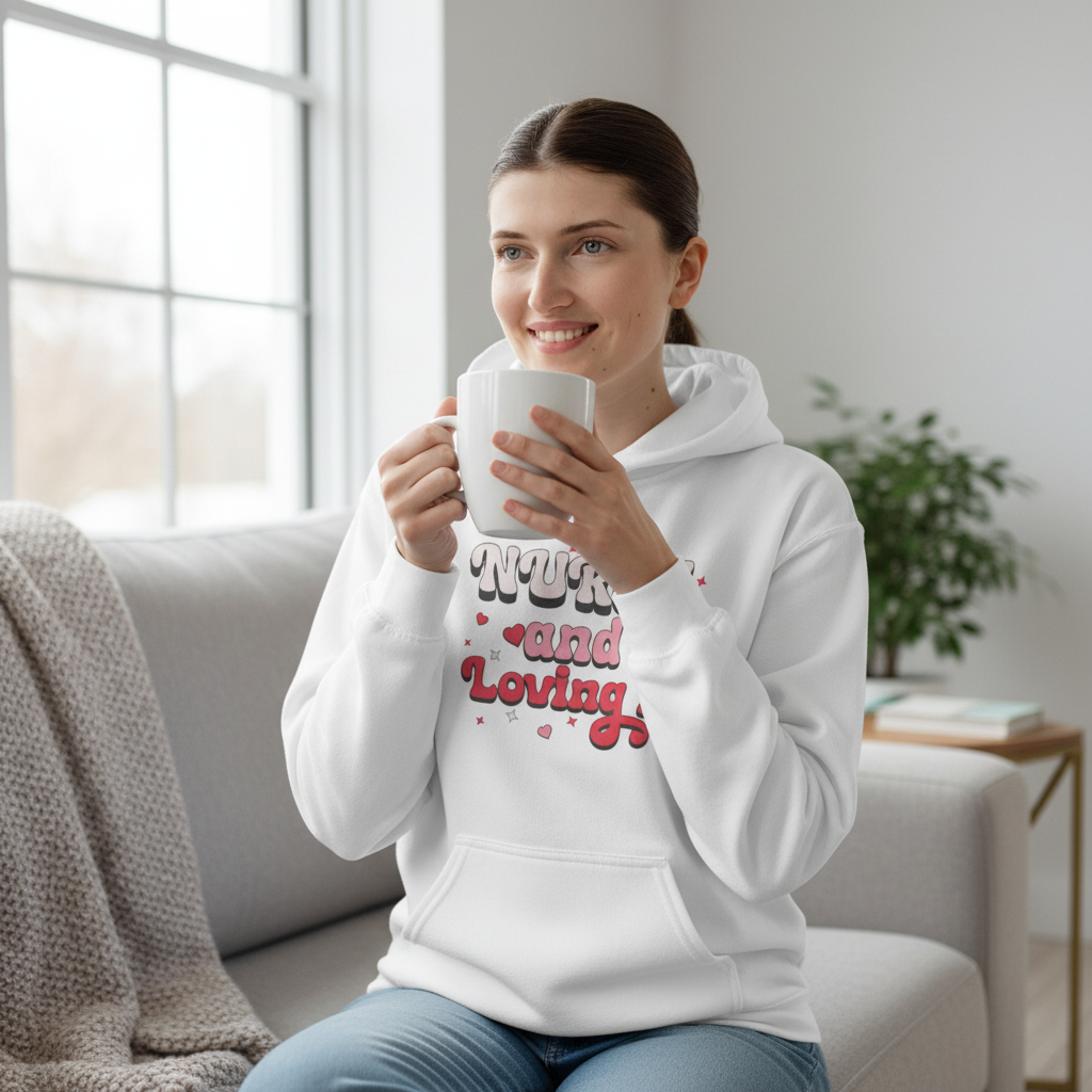Authentic post-shift at home with coffee, content smile
