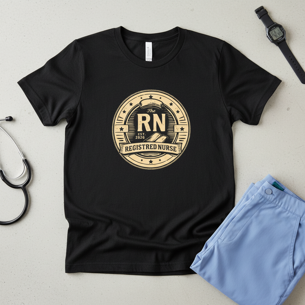 Black RN Badge flat lay