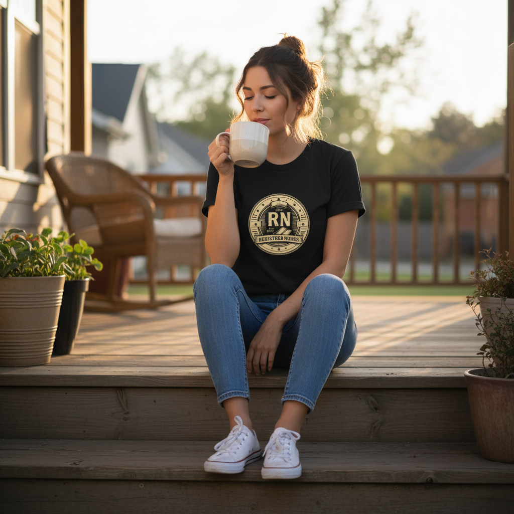 Black RN Badge - relaxing on porch