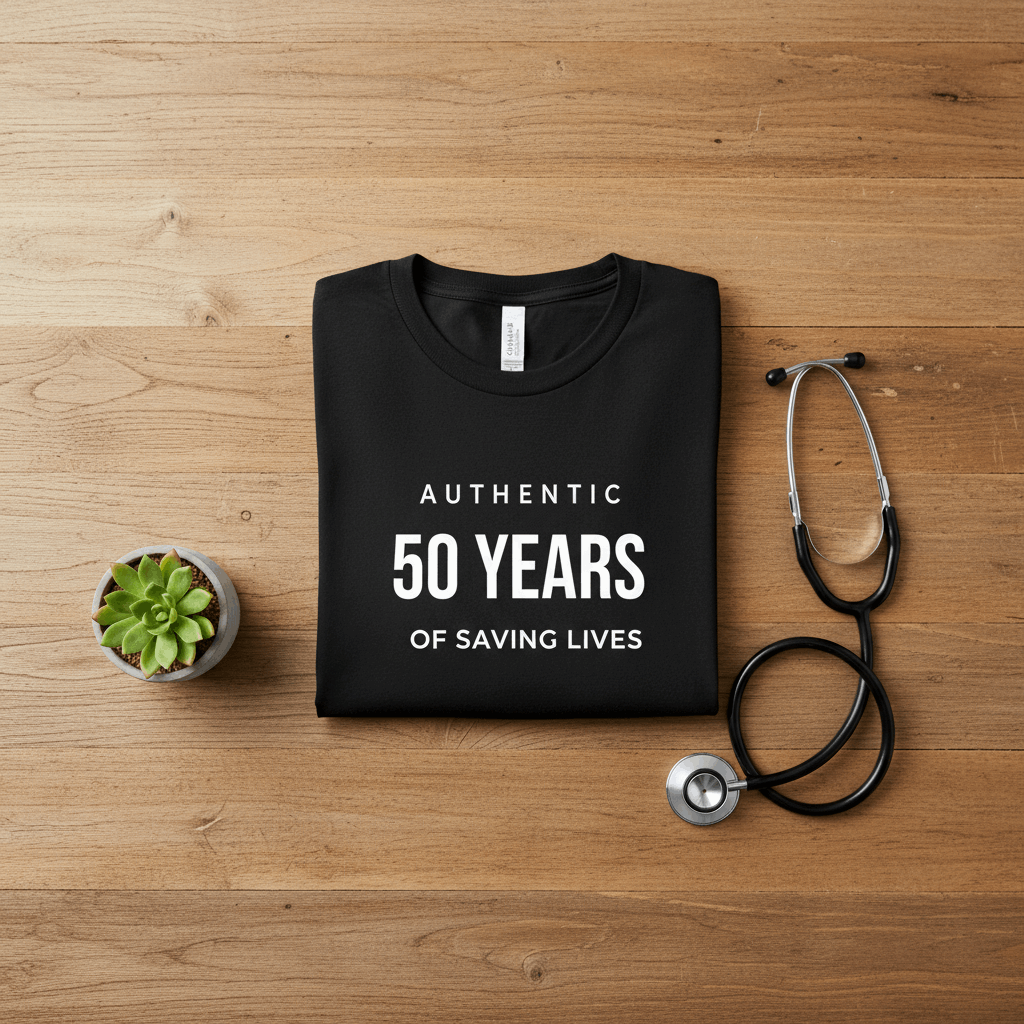 Black t-shirt on rustic wood with stethoscope and green plant
