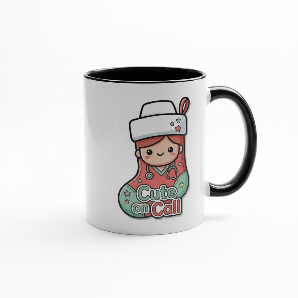 Clean front view of cute on call nurse mug on white background