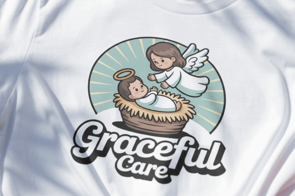 Close-up of fabric and angel design