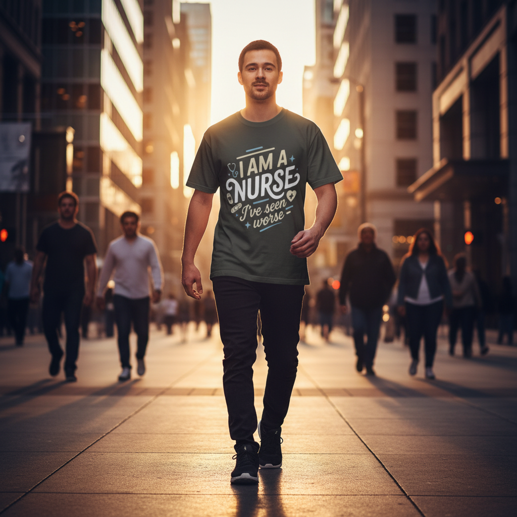 Confident urban walk showing nursing strength and experience