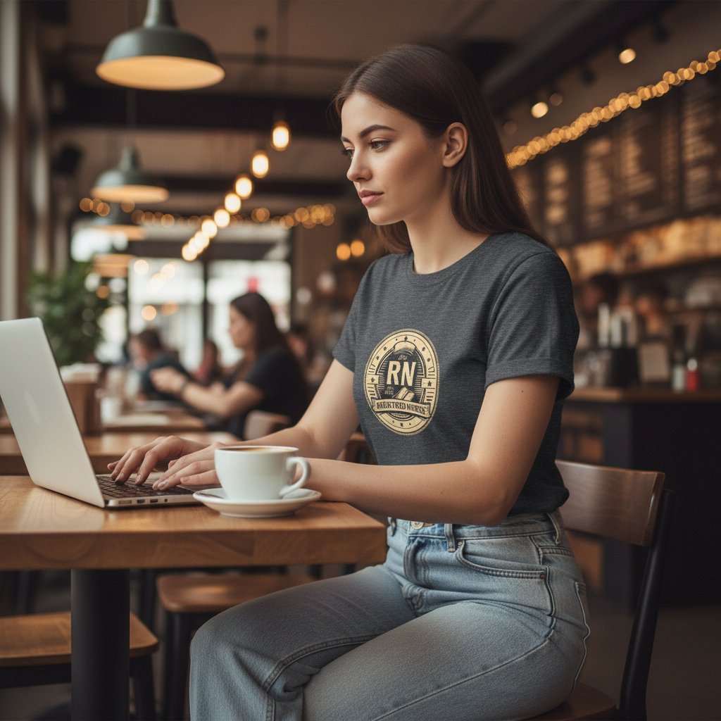 Dark Heather RN Badge - working at cafe