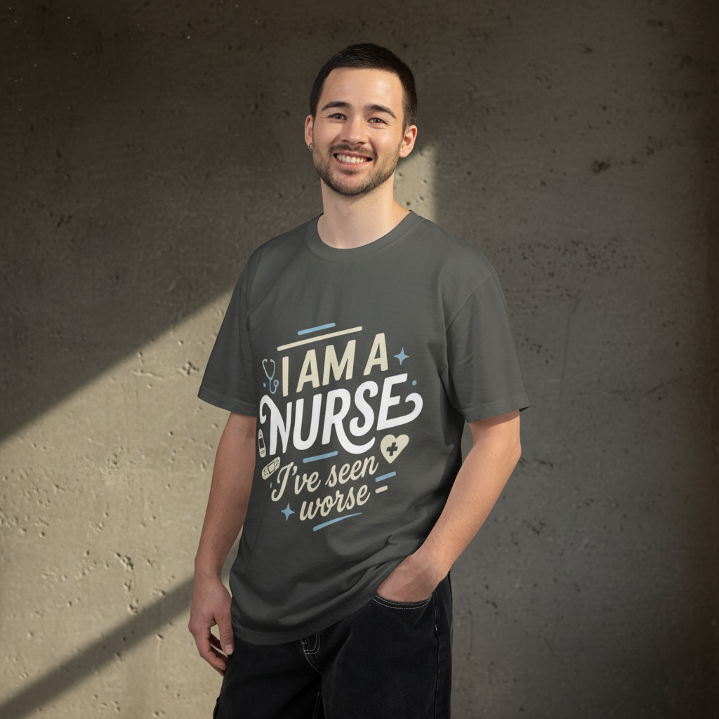 Dramatic window light with knowing smirk showing nursing resilience