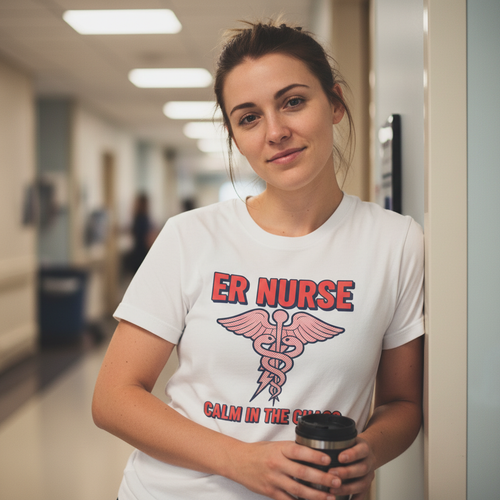 ER nurse after intense shift with exhausted but calm proud expression