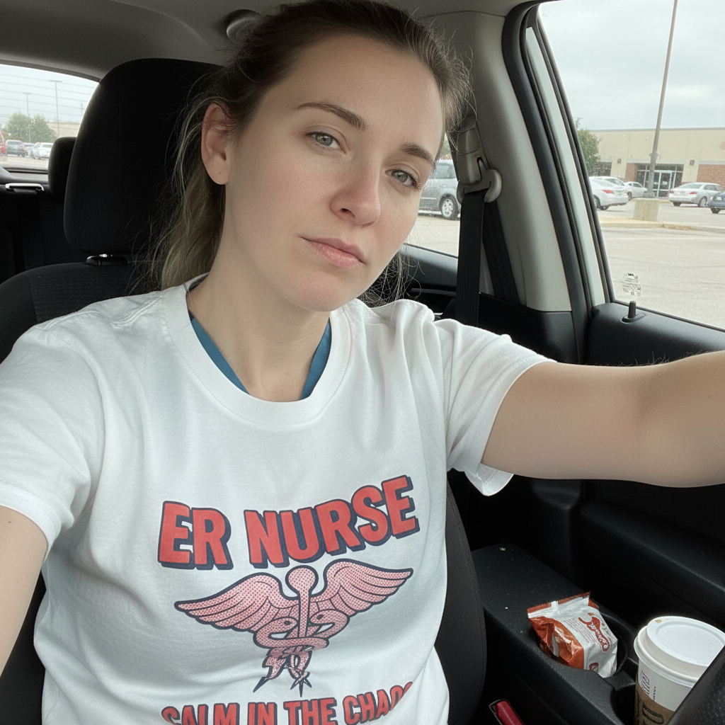 ER nurse selfie after chaotic shift, tired but calm proud