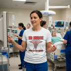 ER nurse wearing your design during hectic moment, focused calm