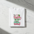 Folded kawaii shirt on white marble showing cute design