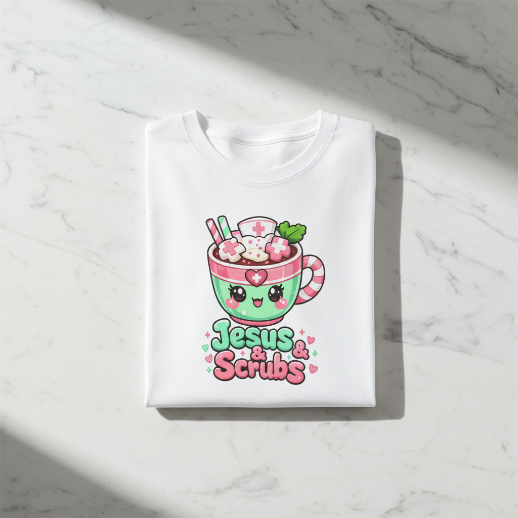 Folded kawaii shirt on white marble showing cute design