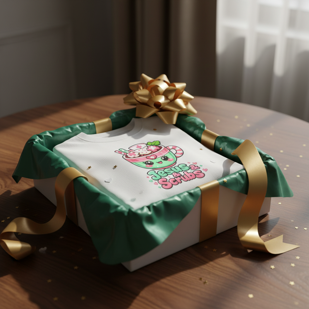 Folded shirt in elegant white box with emerald silk and gold ribbon