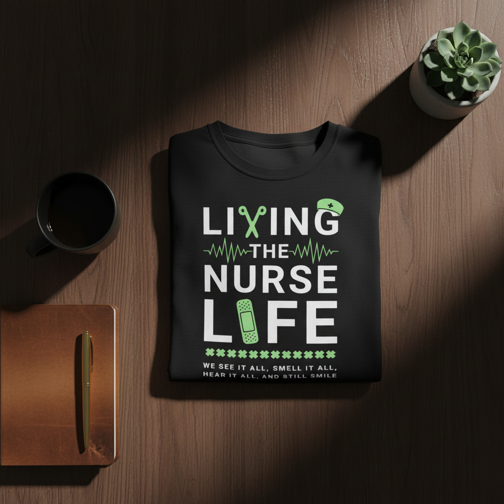 Folded shirt on dark wood with artisan coffee, leather journal, gold pen